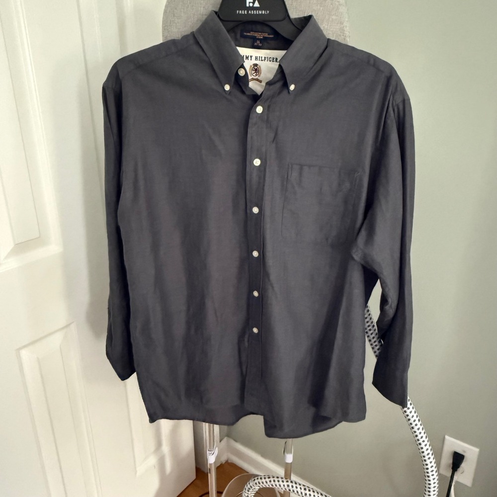 Vintage 90s Tommy Hilfiger Crest Shirt Mens 16 32-33 Gray Cotton Preppy Heritage